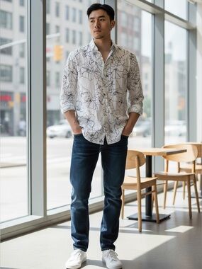 IKKS Men Regular Fit Floral Button Shirt White Black Long Sleeve Cotton Large